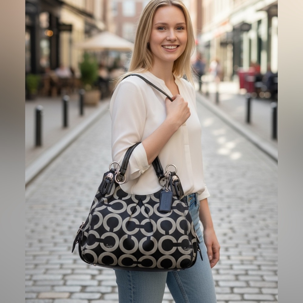 Coach Black and Gray Shoulder Bag with Signature Design # 15757